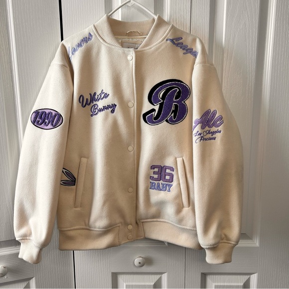 Alcott Women’s White Bunny Purple Patches Bomber Varsity Jacket Size Small Lined - Picture 3 of 12